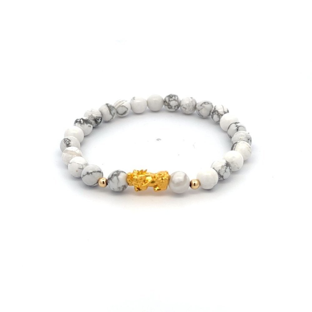 18K Gold Dragon Pixiu Piyao Lucky Charm Beads Bracelet Gemstones White Howlite 6